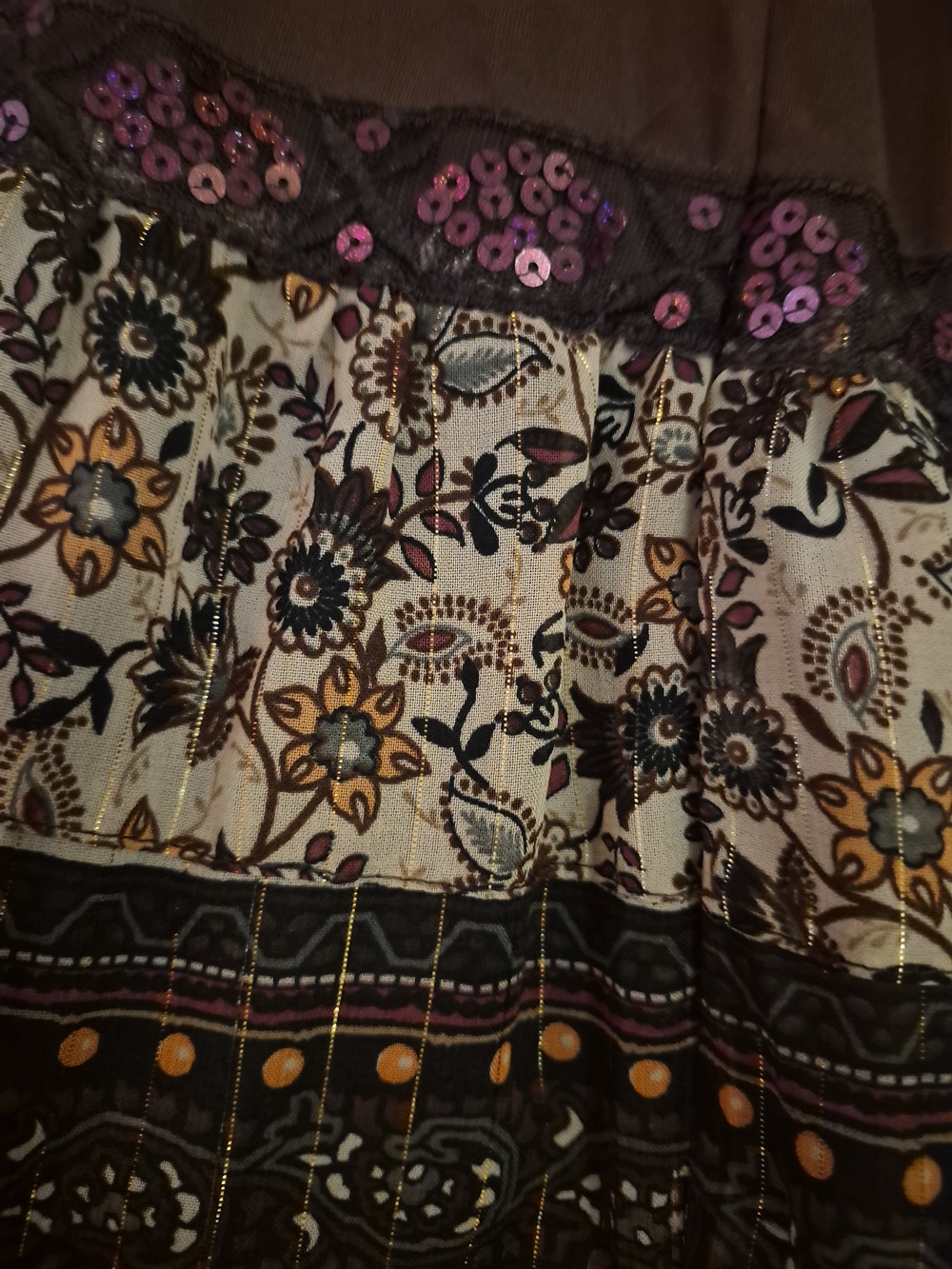 Sweet Lily Elastic Waist Floral Brown Tiered Midi Skirt - Size L - Picture 3 of 12